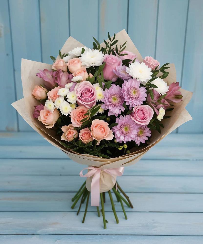 Букет цветов из: Хризантемы, Розы и Альстромерии в Романовской