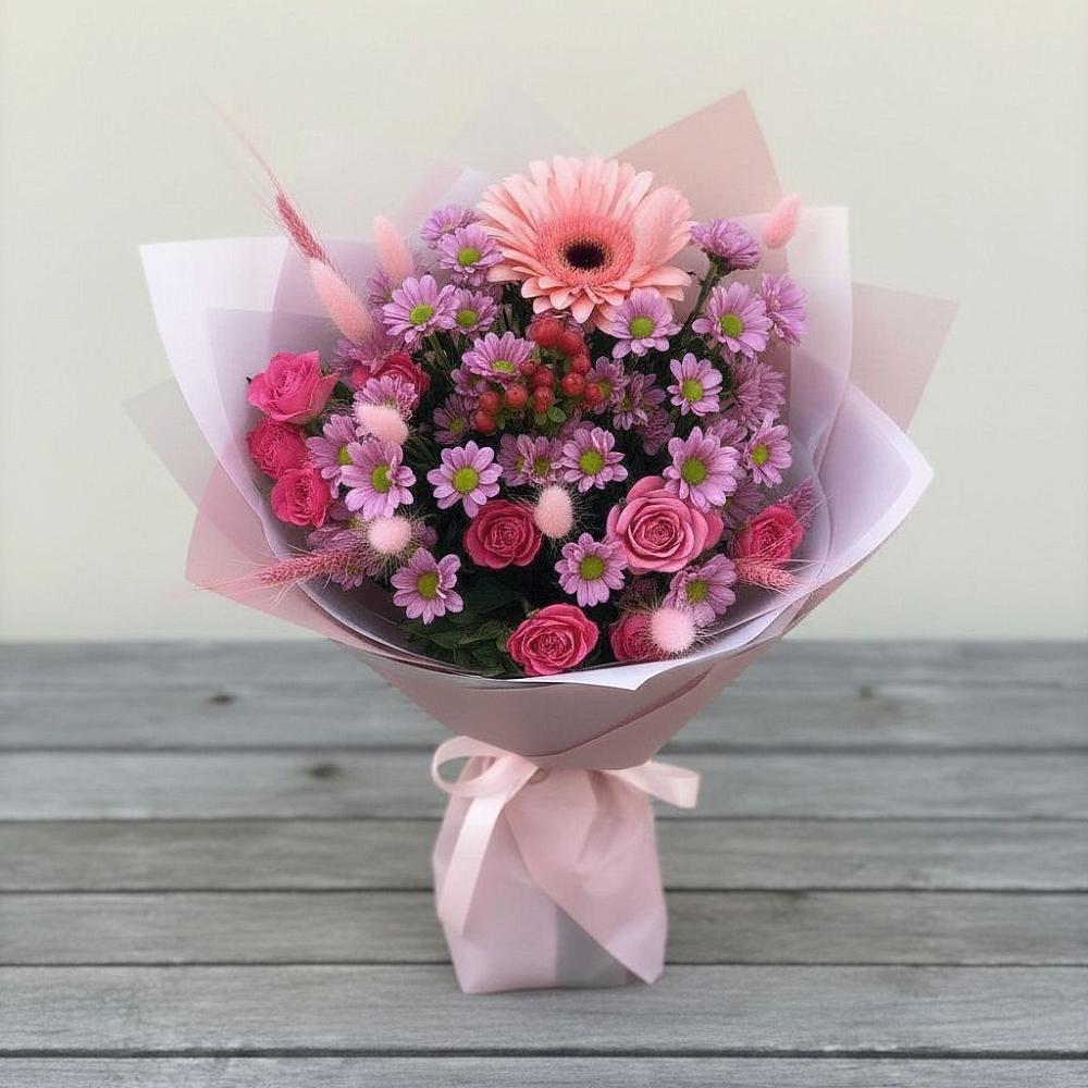 Букет цветов из: Розы, Герберы и Хризантемы в Романовской