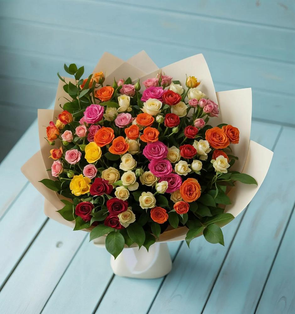 Букет Микс из разноцветных кустовых роз в Романовской