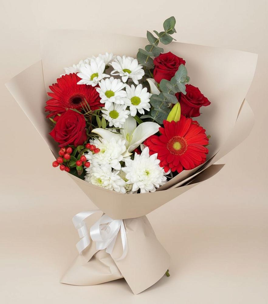 Букет цветов из: Розы, Хризантемы, Герберы и Лилии в Романовской