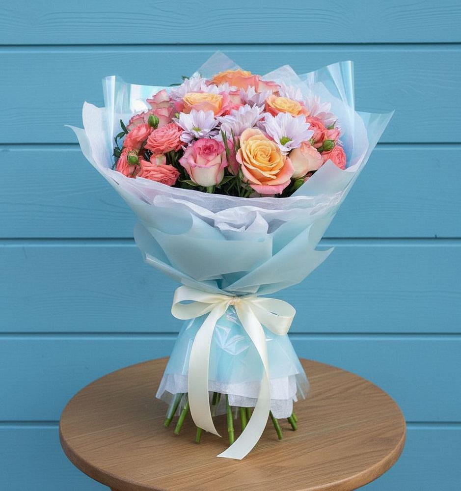 Букет цветов из: Хризантемы и Розы в Романовской